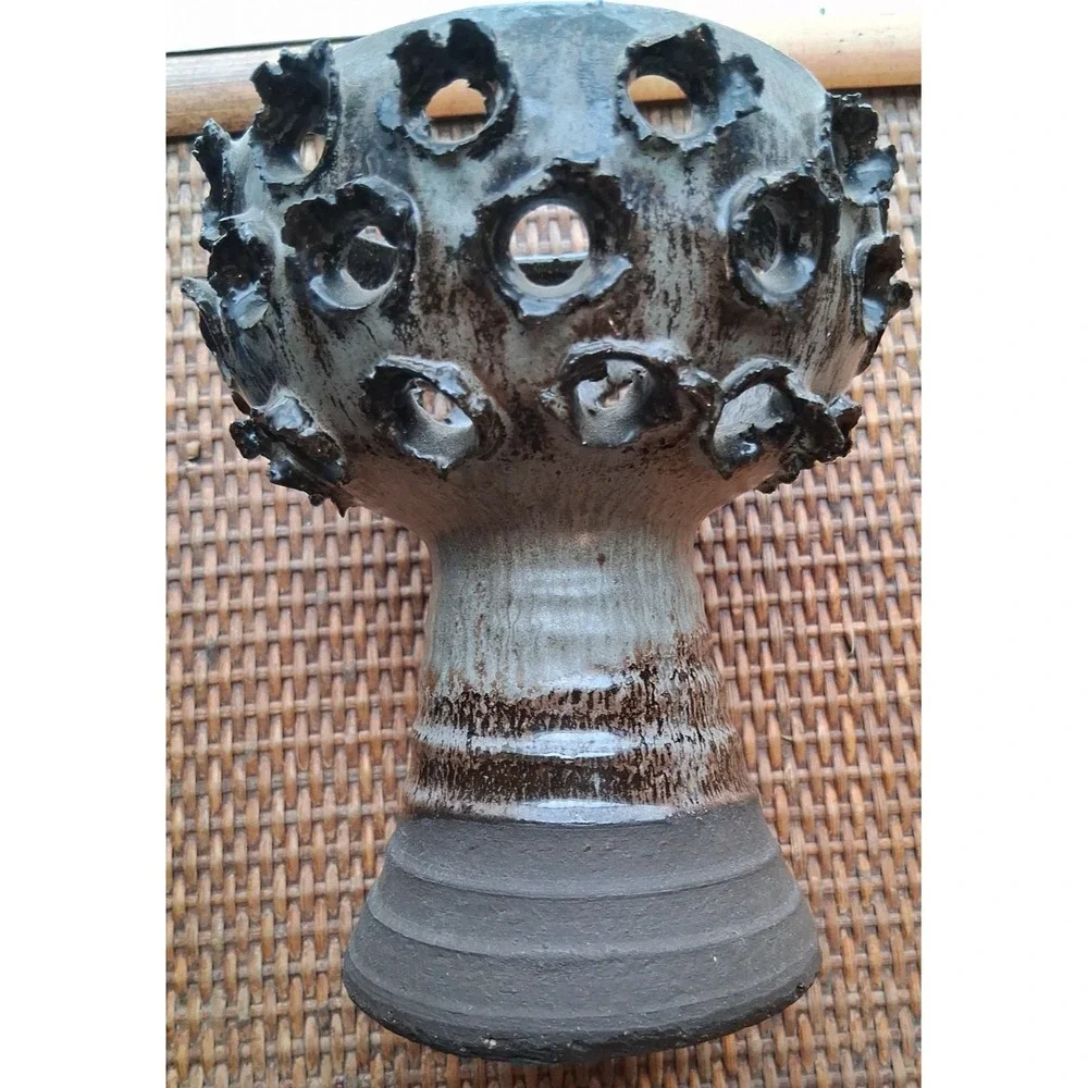 E. Glud Denmark studio pottery vase with textured, perforated rim/ ribbed base.